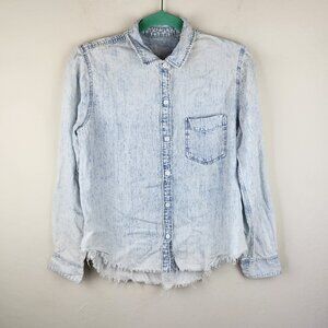 Rails Ingrid Light Acid Wash Raw Hem Button Up Shirt Lyocell Linen sz S